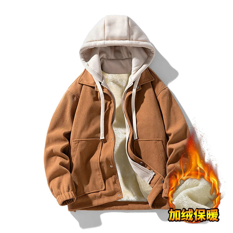 2025 New Corduroy Jacket Men's Harajuku Japanese Windproof Warm Fake Two-piece Hooded Coat Womens Casual Loose Pocket Jacket 4XL