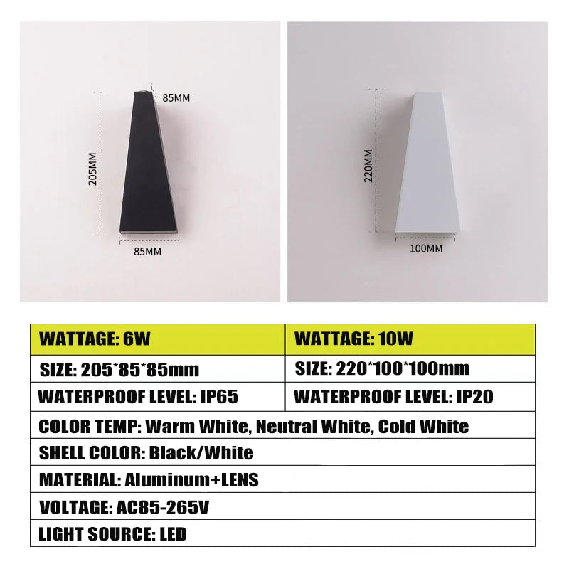 Outdoor LED Wall Lamp 6W 10W IP65 Waterproof Aluminum Wall Lights Porch Garden Fence Indoor Modern Nordic Sconce Lamps AC85-265V