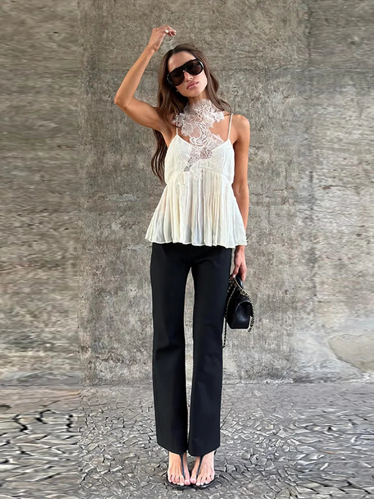 Halter Neck Ribbed Knit Lace Waist Cutout Back Skater Mini Dress Sleeveless Contrast Lace 2026 Summer Women  Party Mini Dress