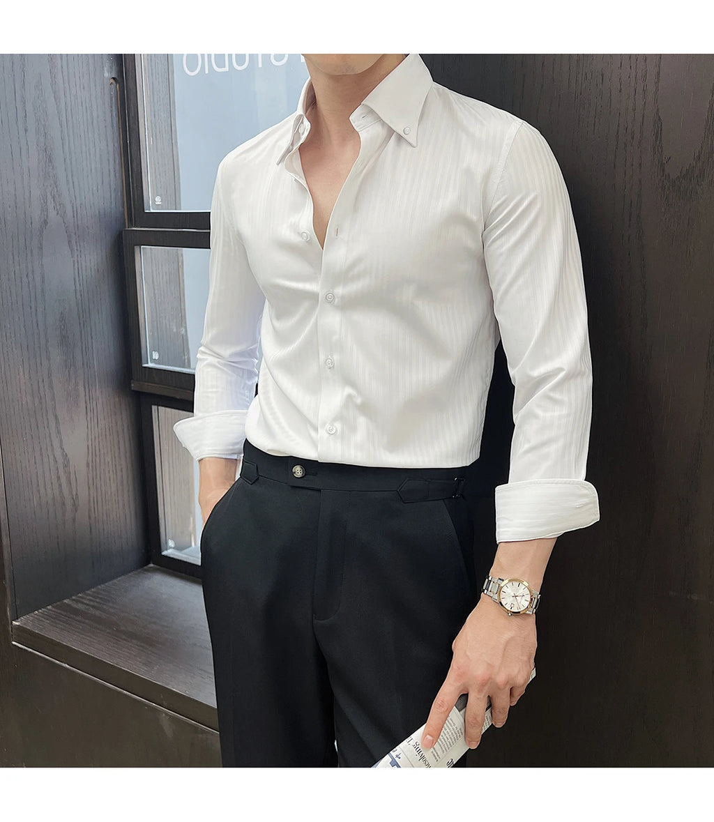 High-quality autumn men's new long-sleeve dark striped slim-fit shirt business casual formal workwear M-4XL