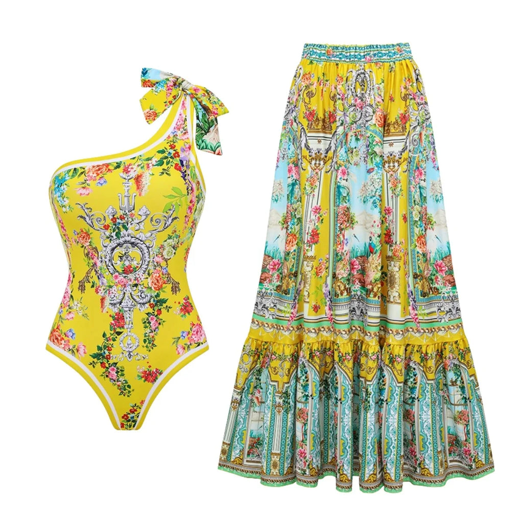 Retro Bikini Printed Fashion Two Piece Swimsuit And Cover Up With Skirt Tight Women's Bandage Summer Beach Luxury Elegant