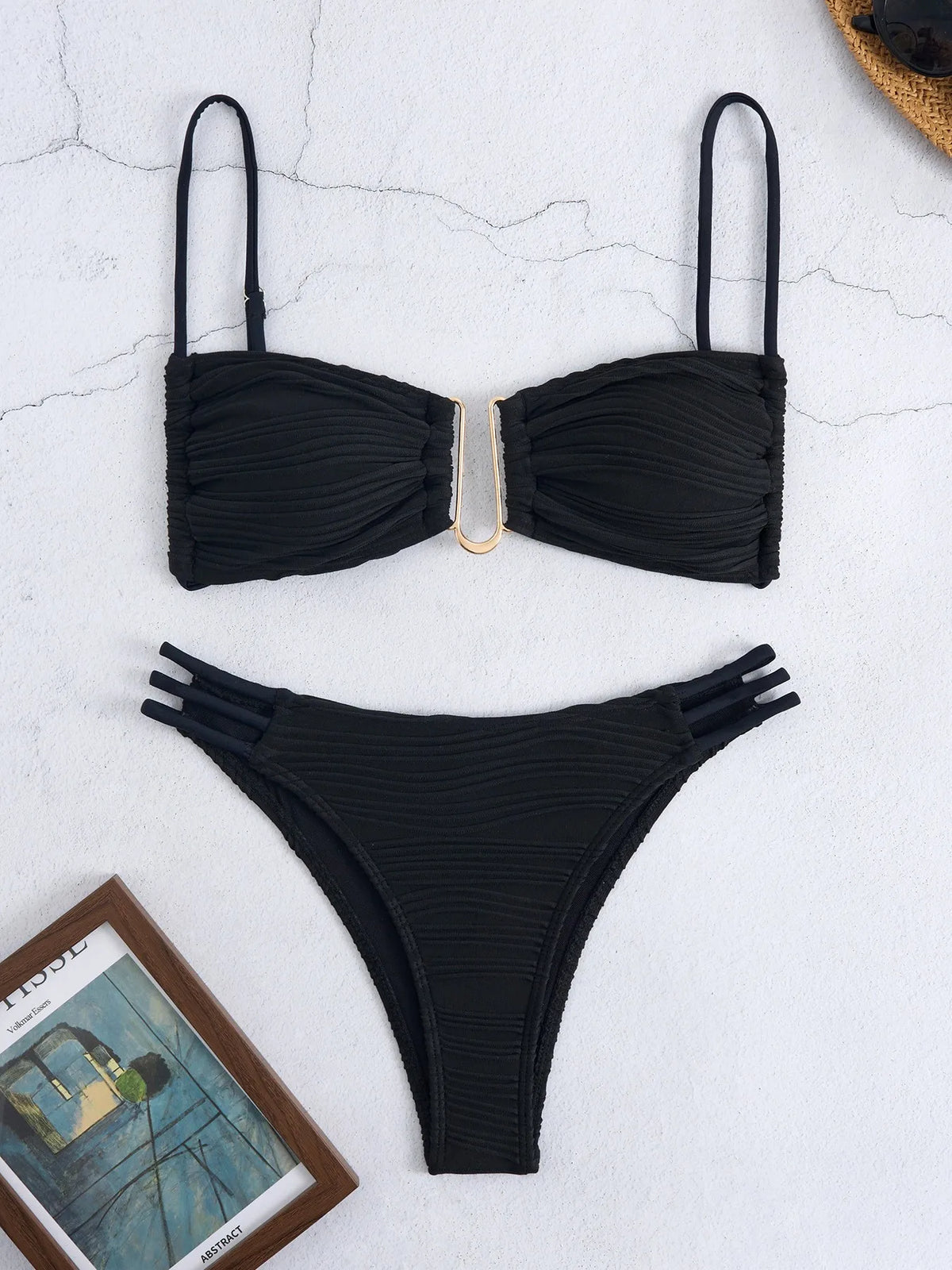 Sexy Women Lingerie Bikini Strapless Top Bikinis Beige Three Strap Bottom Swimsuit High Cut Two Piece Swimsuit