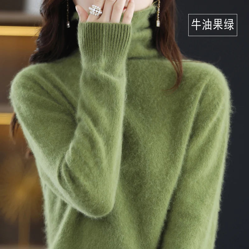 Women's Pile Collar 100% Mink Cashmere Sweater Winter High Collar Knitted Pullover Casual Short Thick Tops Loose Warm Base Shirt