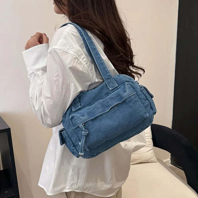 Trendy Vintage Denim Top Handle Bag Women Fashion Spring Shoulder Bag Casual Comfortable and Versatile Texture Storage Bag