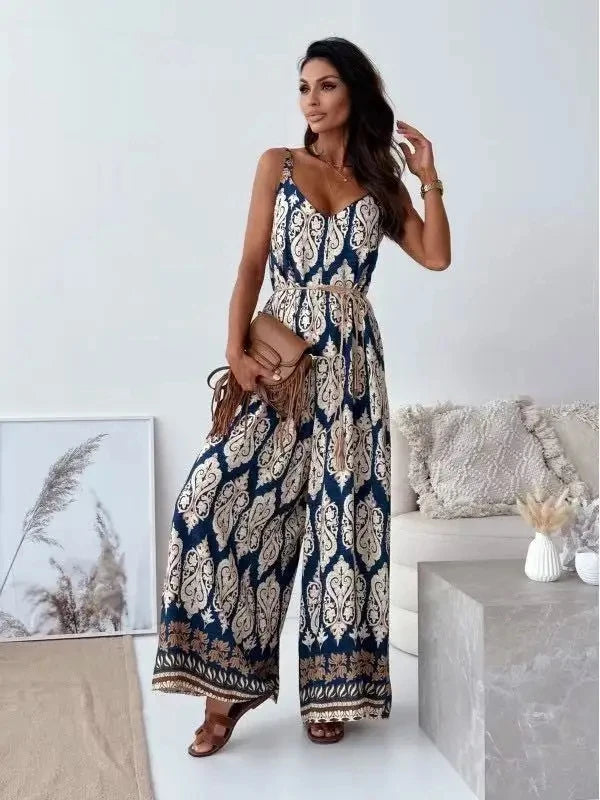 Women Wide Leg Jumpsuit V-Neck Strapless Belted Print New Style Short Pants Jumpsuits For Woman Combinaison Femme Monos Mujer