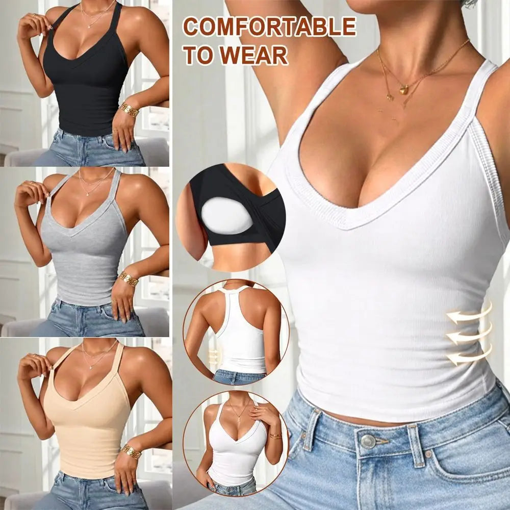 Creative Solid Color Women Vest V-neck Design Built in Bra Lady Tanks Top Soft Comfortable Breathable Camis Vest Four Seasons