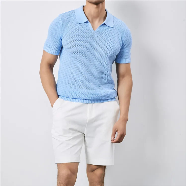 Summer Clothing Men Luxury Knitted Skinny Polo Shirt Men Korean Breathable V Neck Polo Shirts Short Sleeve Knitwear Tops Tees