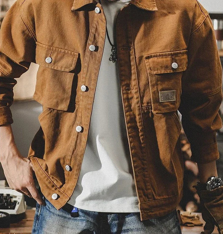 Men's Denim Jacket Vintage Brown Male Jean Coats Cargo Designer Washed Clothing Winter 2025 Korean Style Elatic Original Cowboy