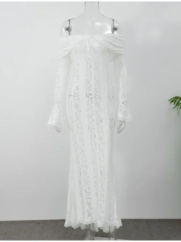 White Lace Flare Off Shoulder Dress Women Elegant Sexy Hollow Out Long Sleeve Slim Dresses 2026 Spring Lady Mermaid Floor Robe