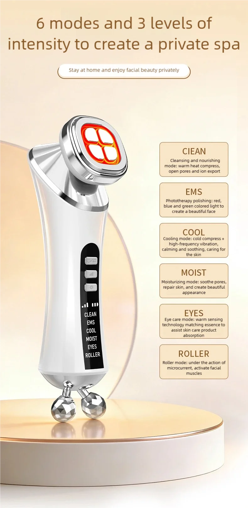 EMS Facial Micro-current Beauty Instrument 6Mode Eye Face Lift 3D Roller Massager 3 Colour LED Skin Tighten Massage Beauty Devic