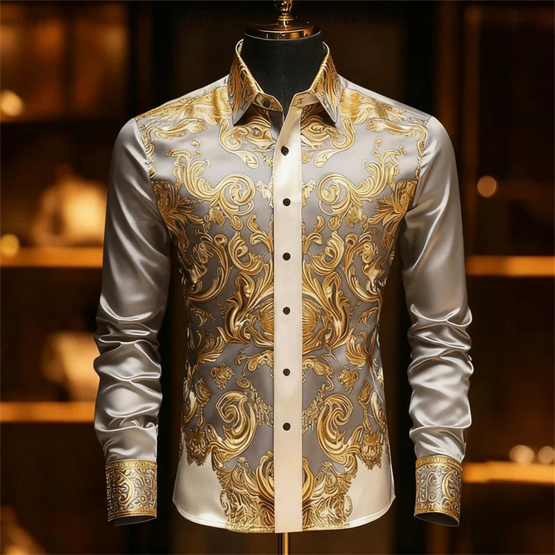Luxury 3D Printed Long-Sleeve Men's Shirt, Baroque Gold Pattern Slim Fit Dress Shirt, Business Banquet Men's Shirt, Sizes XS-6XL