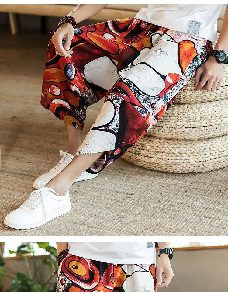 Men's Casual Cotton Linen Seven-Foot Pants Summer plus Size Lantern Loose Fit Shorts Harlan Style Comfortable Breathable Leis...