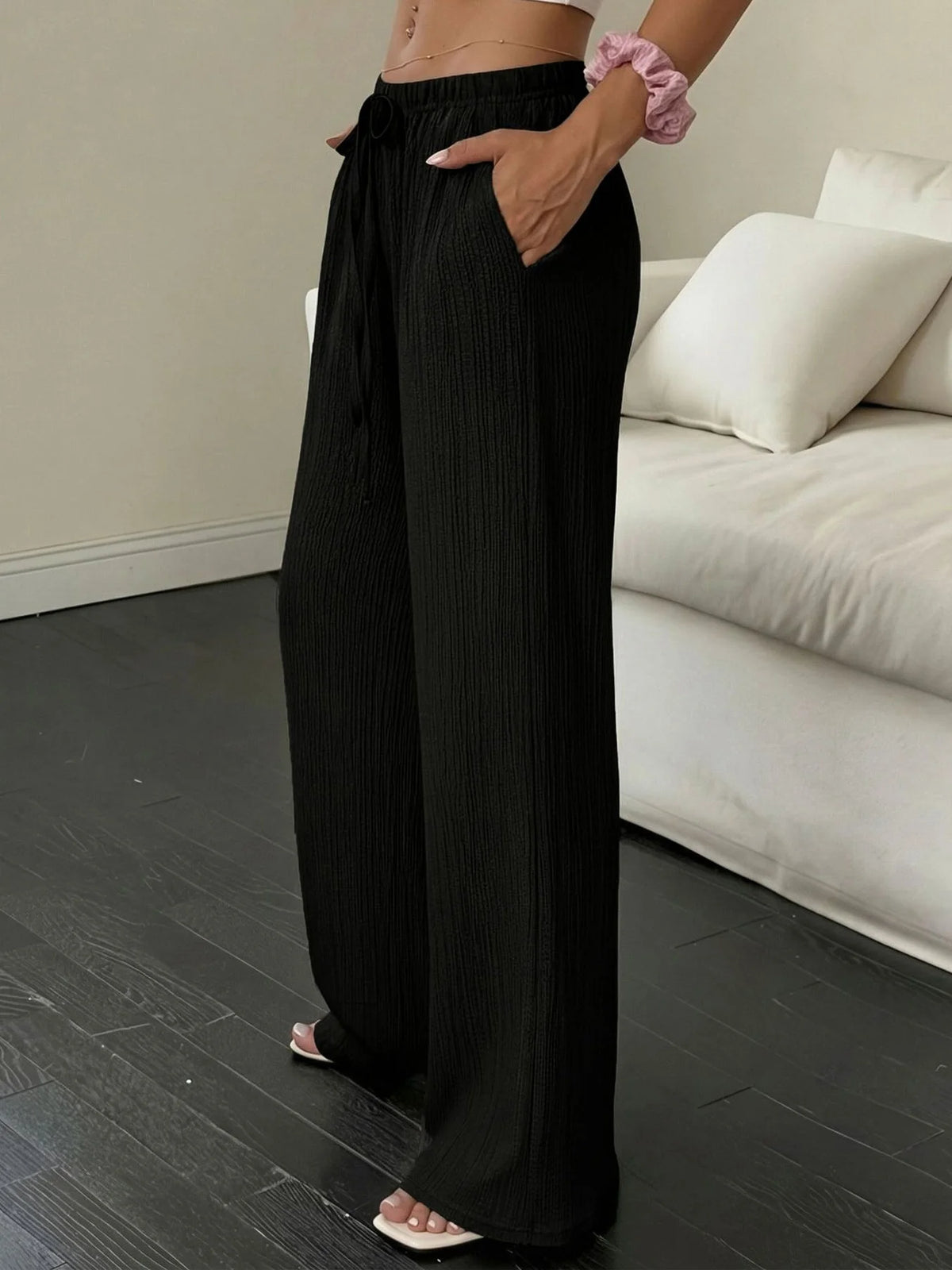 Women Crinkle Textured Wide Leg Pants Elastic Waist Loose Casual Lounge Trousers Soft Yoga Beach Vacation Flowy Pants