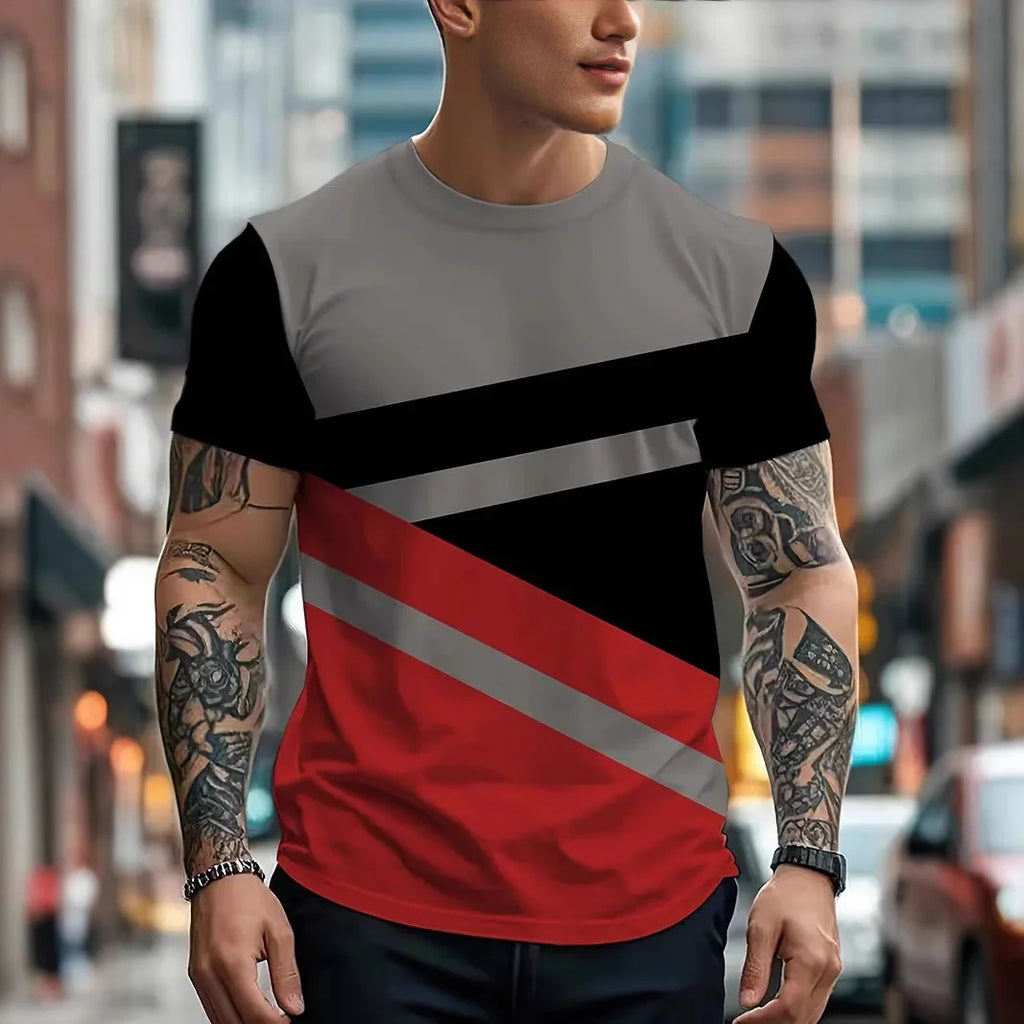 2026 Summer Men's Stripe 3D TShirt Casual BreathO-Neck Short Sleeve Tee for Outdoor Activities Summer Oversized Streetwear Tops