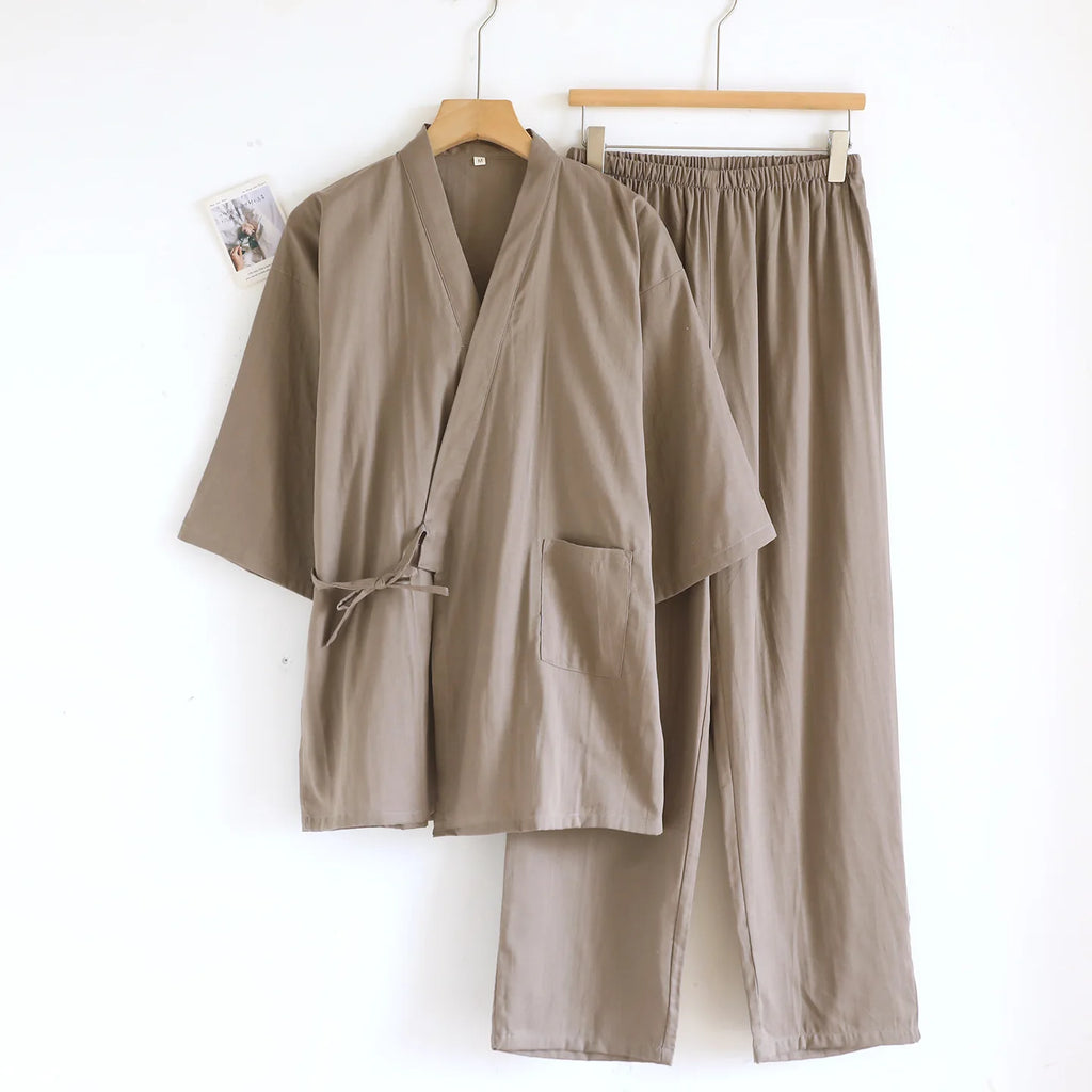 Kimono Robes Pajamas Set for Spring Autumn and Summer Thin Men's Cotton Loose Fit Large Size Half Sleeve Sleepwear Set