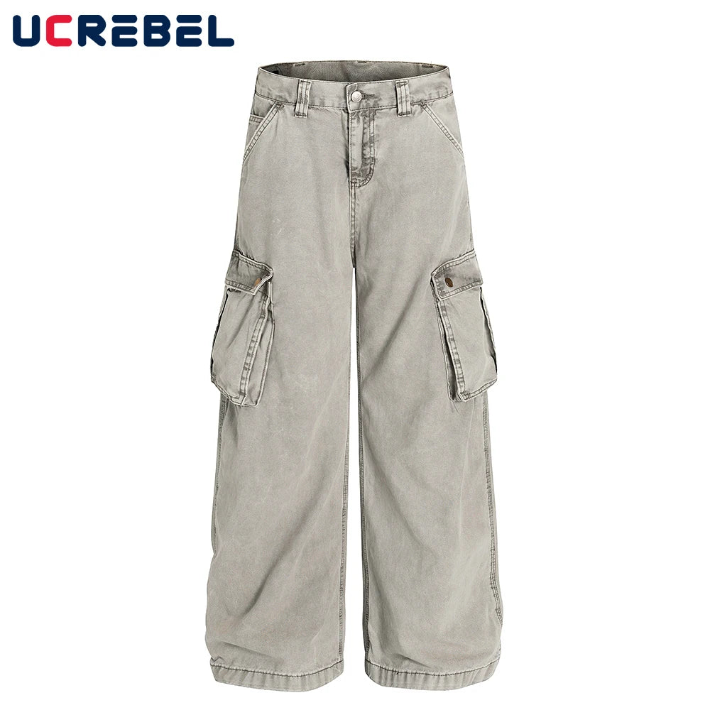Multi-Pocket Cargo Jeans Mens Retro High Street Washed Distressed Straight Wide Leg Trousers Men