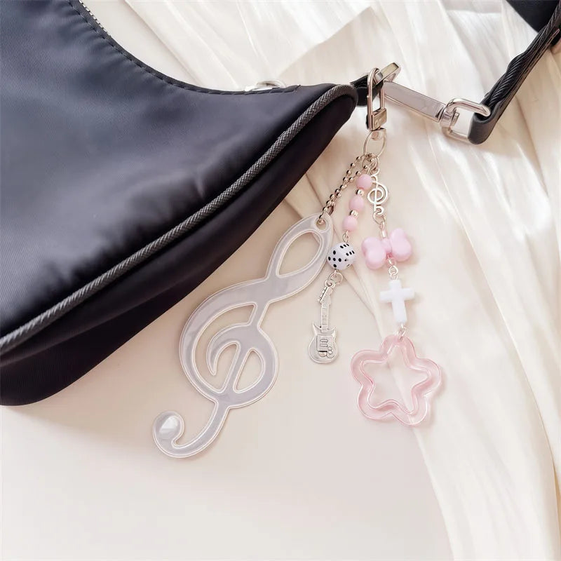 Y2K Music Themed Bag Charm Ribbon Bow Heart Keychain ItaBag Backpack Hanging Decor Ornament Accessory Gift For Teenage Girls