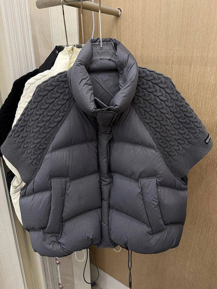 Janveny 2026 New Winter Turtleneck White Duck Down Vest Women Patchwork Knitted Warm Drawstring Short Soft Puffer Down Waistcoat