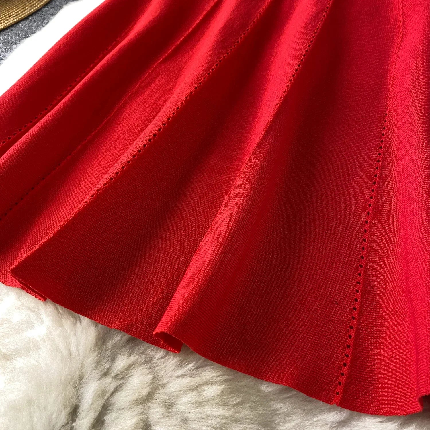 Red Senior Solid Knitting Dress Ladies O-Neck Short Sleeve Hollow Out Design Elastic Knitted Fashion Basic A-Line Dress