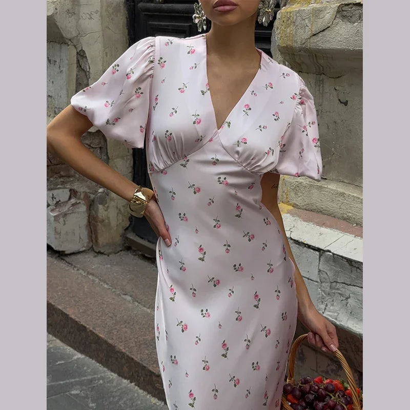 Elegant Print Women Long Dress Fashion V-neck Pleated Flutter Short Sleeve Empire Female Dresses 2026 Summer Chic Female Robe