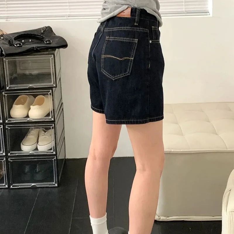 Retro Blue Straight Denim Shorts Women Summer 2026 High Waist Short Jeans Woman Korean Loose Wide Leg A-Line Hot Shorts Female