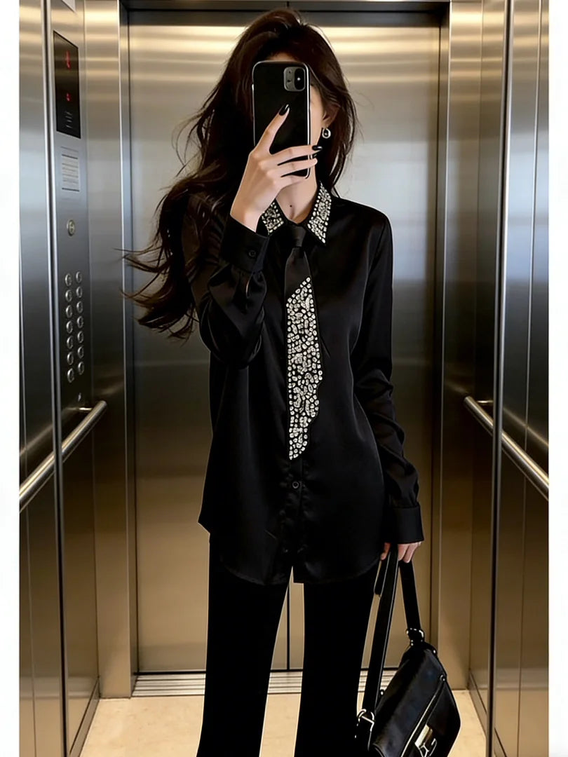Ele Chic Bla Rhinestone ort Spring irt Korean Sle Faionable Unique Beautiful High-End Feelings Commute Sle
