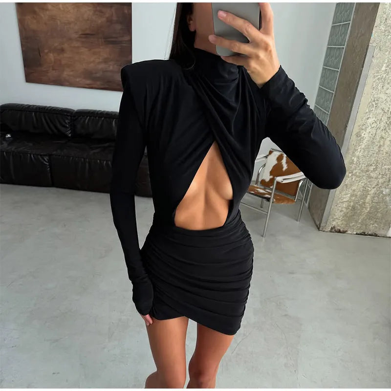 Elegant Hollow Out Mini Dress Women Sexy Long Sleeve Bodycon Waist Cinching Vestidos 2025 Chic Autumn Office Lady Commute Robes