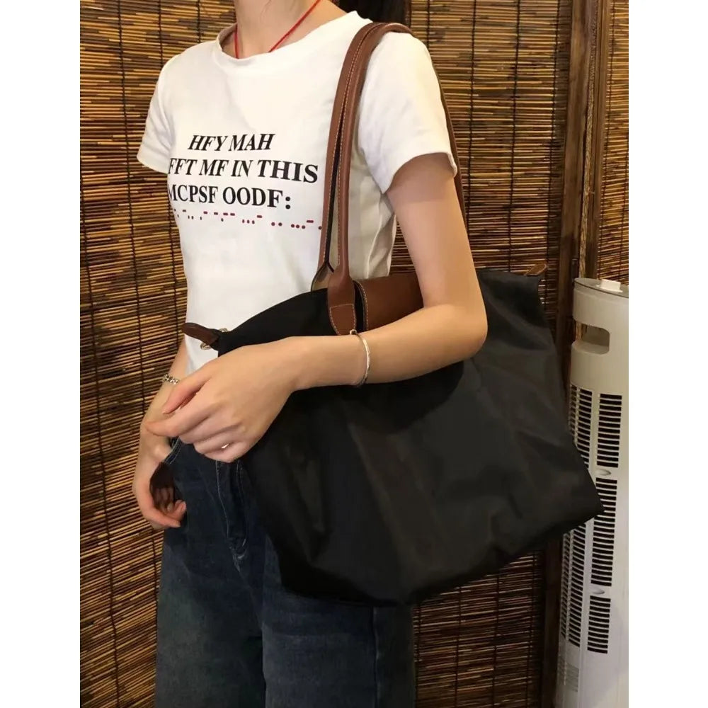 Large, Medium, Small Size French Large Capacity Folding Tote Bag, Fashionable Handheld Commuting Travel Waterproof Nylon Bag