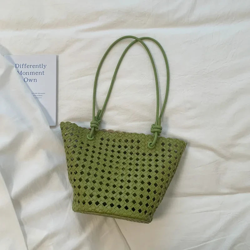 Hand-woven Openwork handBag With Zipper Inner Pocket,summer Pu Leather Beach Bucket Bags,large Capacity Simple Shopping handBag
