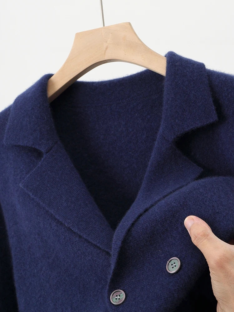 100% Merino Wool Sweater Men's Suit Collar Cardigan Smart Casual Knitwear Autumn Winter Cashmere Solid Coat Pockets Clothing Top