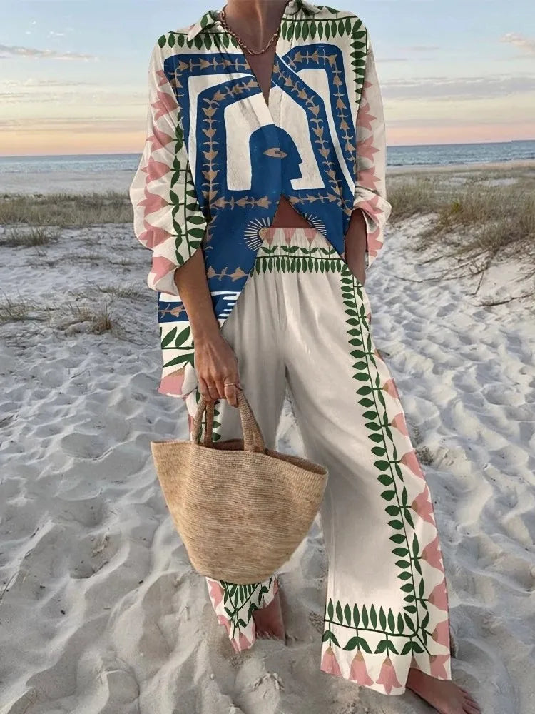 Women's Autumn Holiday Sets Outfits Fashion Print Long Sleeve Shirt Top+Wide Leg Pants 2 Pieces Set For Woman Boho Clothes New