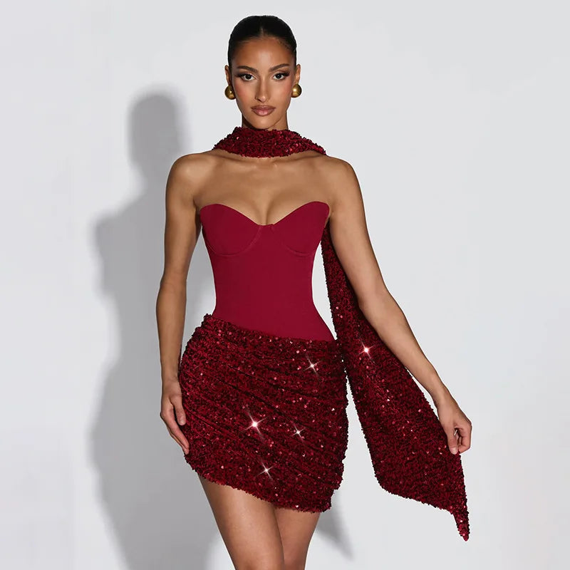 Pleated Slim Bodycon Dress Women Strapless Mini 2026 Spring Summer Dress Sequin Evening Nightclub Sexy Party Dresses