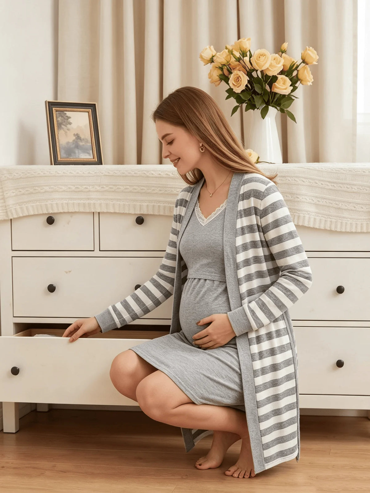 2-piece set, pregnant women, nursing long-sleeved pajamas set, autumn and winter loungewear, nursing nightgown, maternity clothes.
