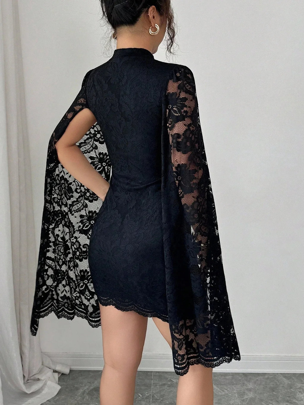 Women Sexy Long Sleeve Lace Dress 2026 Fall Winter, Mandarin Collar Side Slit Slim Midi Dress For Cocktail Dating Night Out
