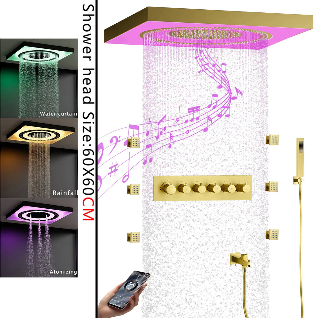 Matte Black 800*600mm LED Music Shower Head Rain Waterfall Misty Thermostatic Faucet Ceramic Valve Wall Mounted for Bathroom