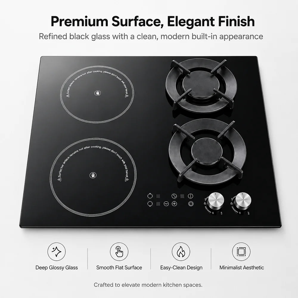Hybrid Built-in Gas & Electric Cooktop, 2 Gas Burners + 2 Ceramic Glass Zones, Wholesale Cooker