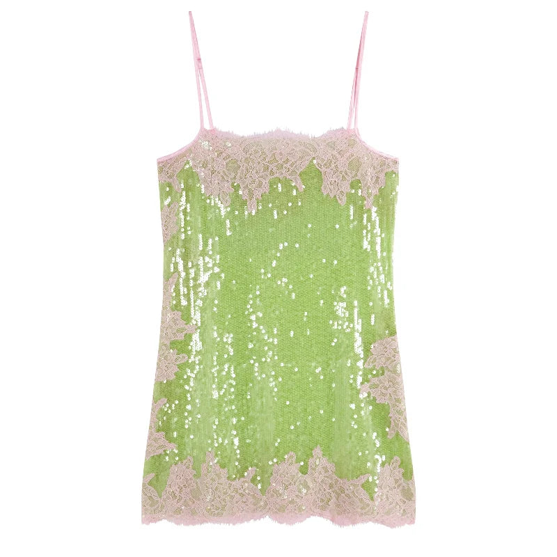 Sexy Sequin Lace Trim Patchwork Short Dress Women V Neck Sleeveless High Waist Mini Sling Dresses 2026 Summer Vacation Lady Robe