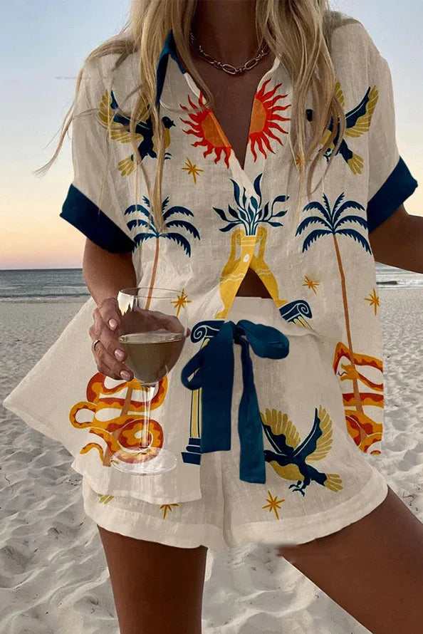 Women New Printed Short Sleeve Shirt Women's Shorts Set New Casual Loose Fashion Beach Vacation Style Shorts Women's 2-Piece Set