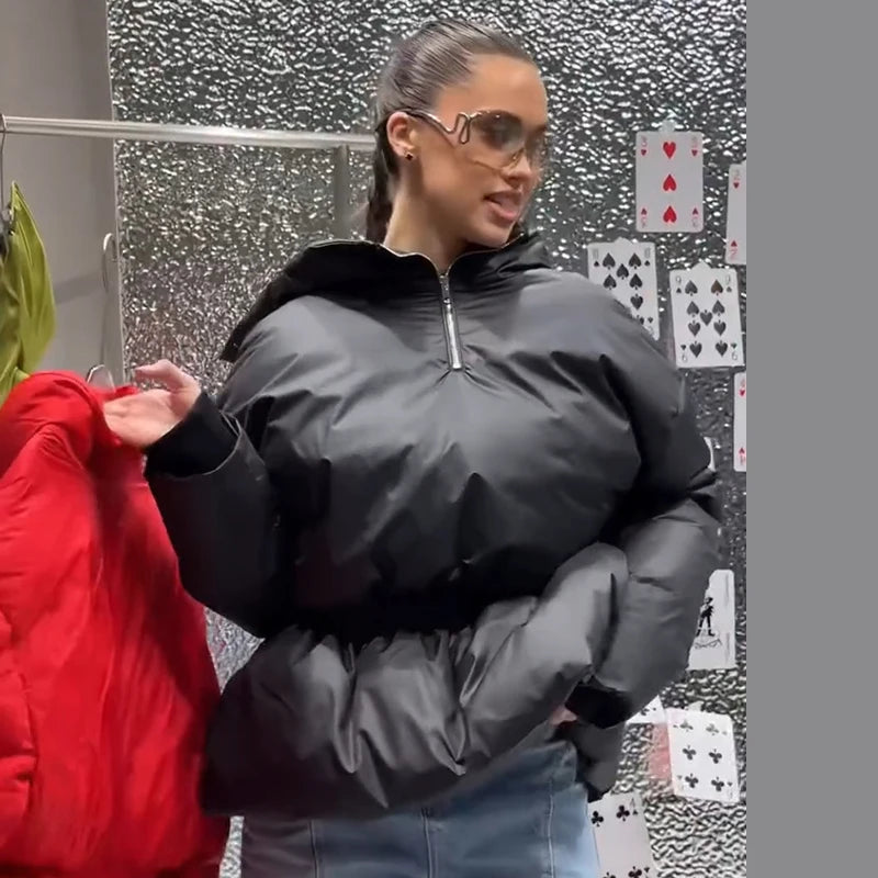 Casual Women's Waist Cinched Padded Cotton Coats Stand Collar Zipper Full Sleeve Coat 2026 Autumn Winter Lady Down Jacket New
