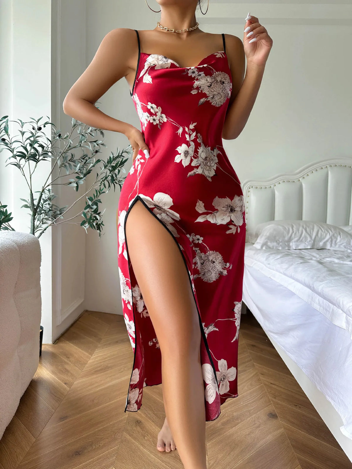 Ice Silk Slip Dress Summer Thin Breathable Silk Like Sexy Leopard Print Women's Backless Split Sling Nightdress