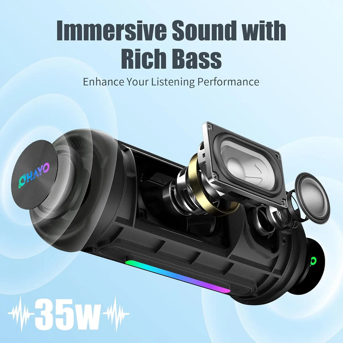 OHAYO Bluetooth Speaker with LED Light 35W HIFI Outdoor Loud Speaker IPX7 Waterproof, Enhanced Bass Sound, Wireless Stereo Pairing, Portable Wireless Speakers for Home Travel Sport