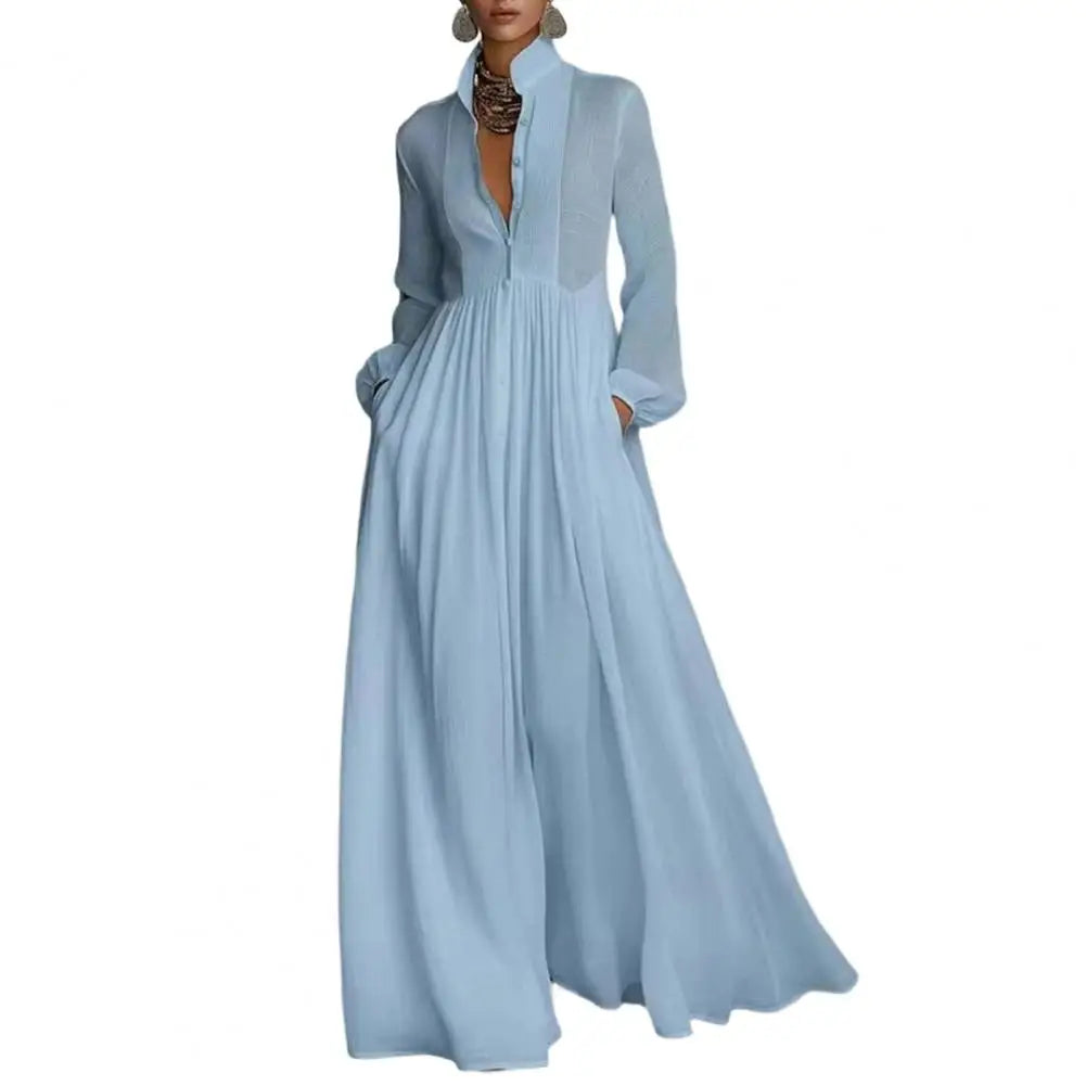 French Elegant High Waist Swing Long Dress Woman Spring Solid Pockets Pleated Maxi Dress Autumn Long Sleeve Button Evening Dress