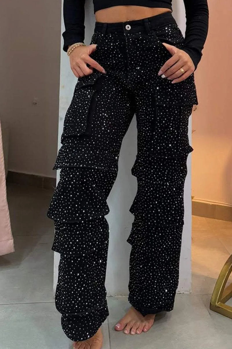 New 2026 Women's High Waist Cargo Denim Jeans with Full Rhinestones Sparkling Casual Baggy Pants Streetwear Chic Daily Trousers