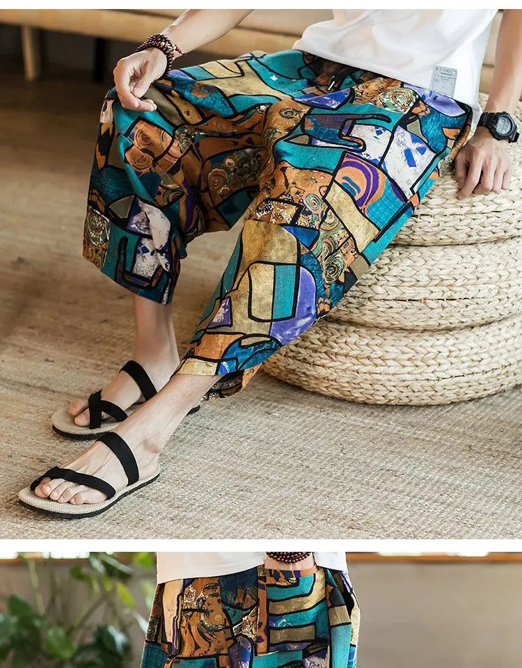 Men's Casual Cotton Linen Seven-Foot Pants Summer plus Size Lantern Loose Fit Shorts Harlan Style Comfortable Breathable Leis...