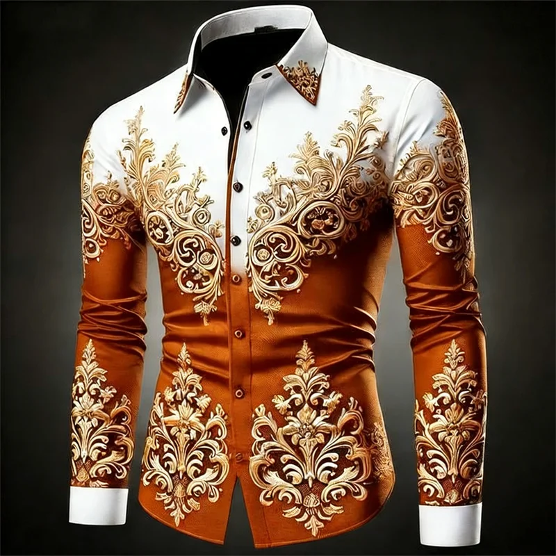 New 12 Color Men's Gold Exquisite Pattern Long-Sleeved Button Retro Floral 3D Printed Hawaiian Shirt Fashionable Shirt
