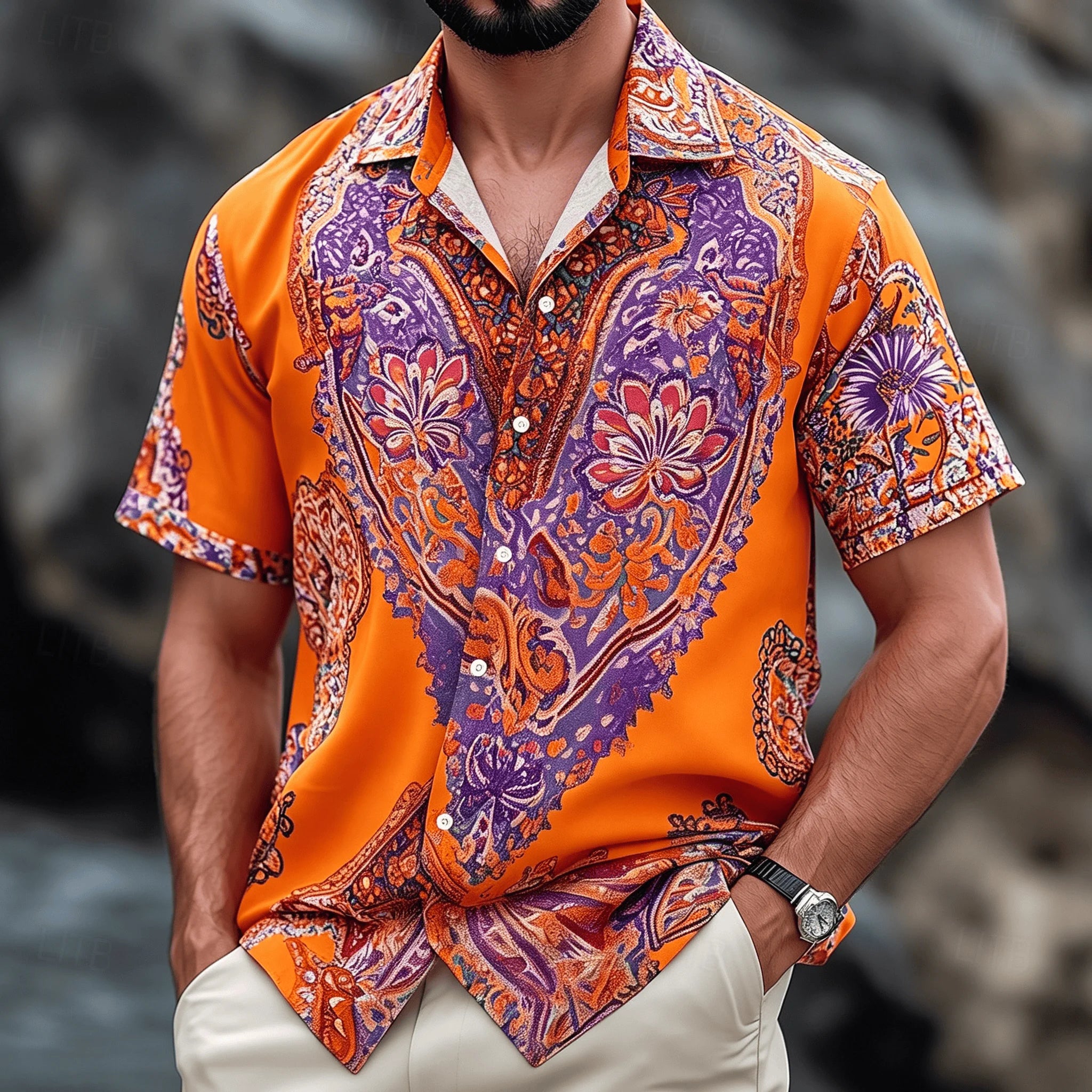 Men's Vintage Boho Paisley Print Short Sleeve Shirt, Retro Ethnic Button-Down Spring Summer Top