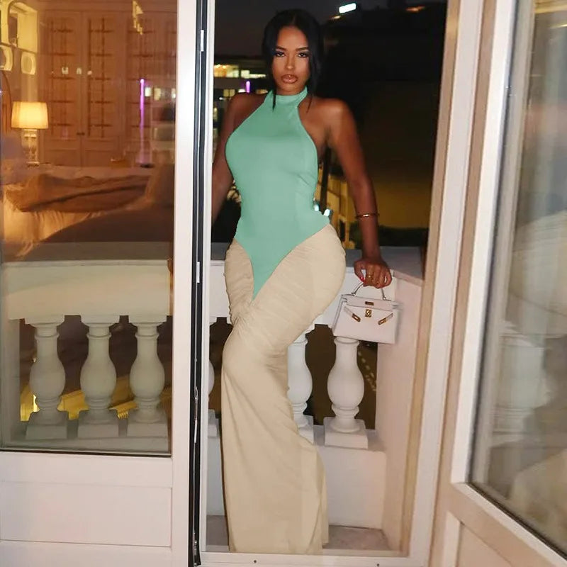 BOOFEENAA Patchwork Halter Backless Maxi Dress for Dinner Evening Gown Sexy Elegant Party Dresses for Woman Fall 2025 C15-CH41
