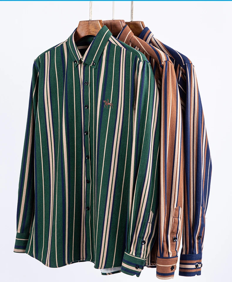 2024 new autumn men's long-sleeved plaid striped100% cotton Oxford spinning chest embroidery regular fit button work shirt S~6XL