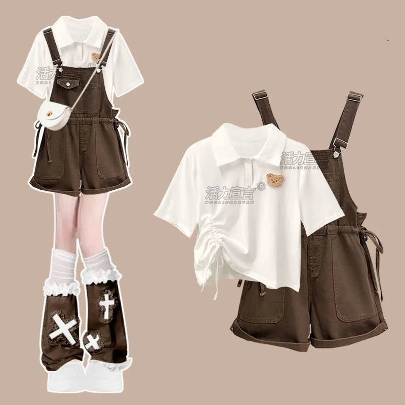Women's Summer New Casual Short Sleeve Top+Retro Denim Strap Shorts 2-Piece Suit 2026 Korean Elegant T-shirt Pants Matching Set