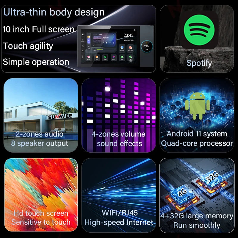 Smart Home 2 zone audio in wall Amplifier Android 11 WiFi Bluetooth sound amplificador music player 10 Inch control panel system